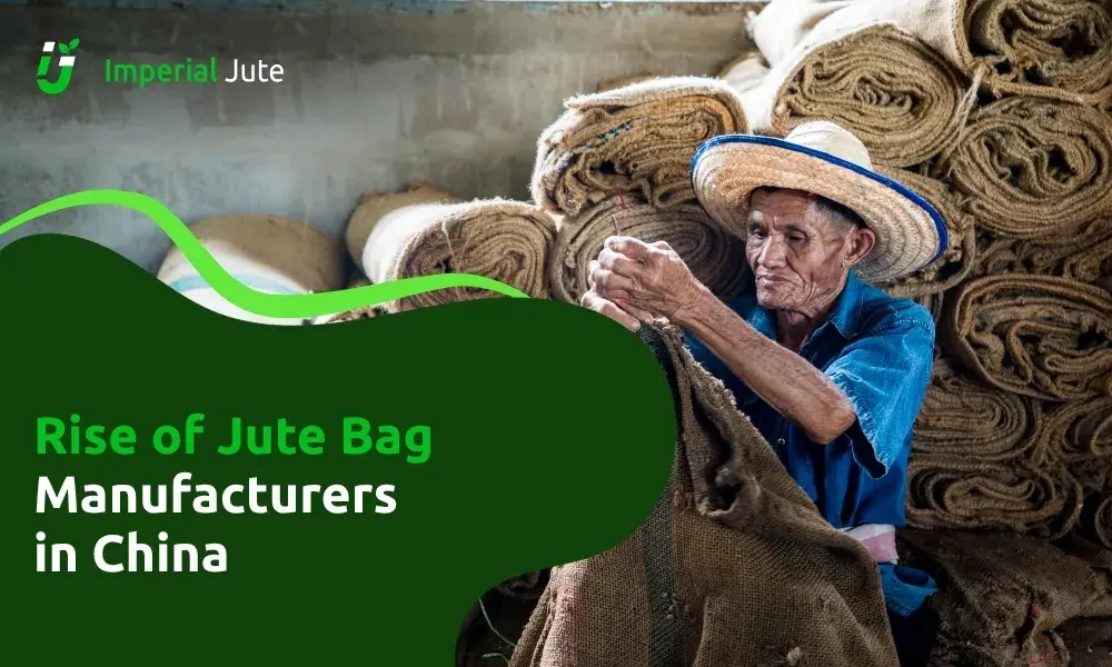 Worker sewing jute bags in China.