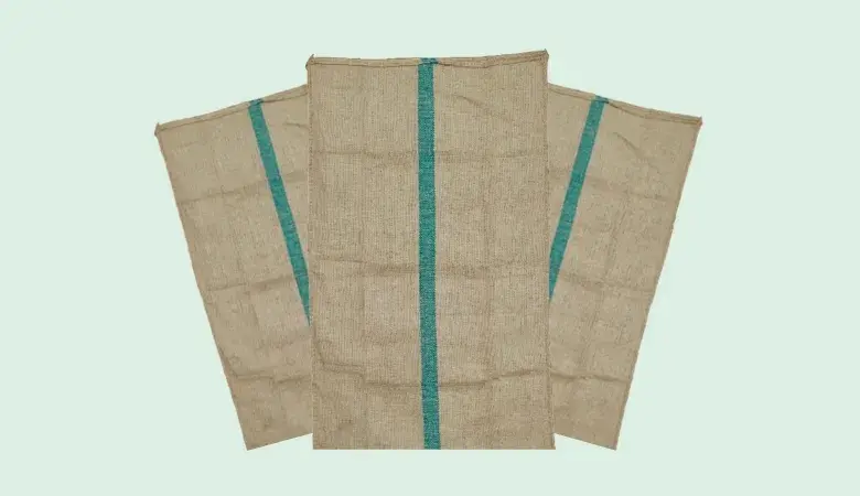 Three Light Cees jute bags with green center stripes, arranged against a pale background.