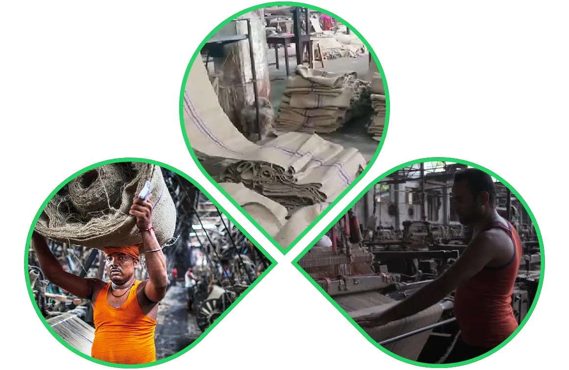 Jute sack stacking, weaving, and manual handling in a textile factory